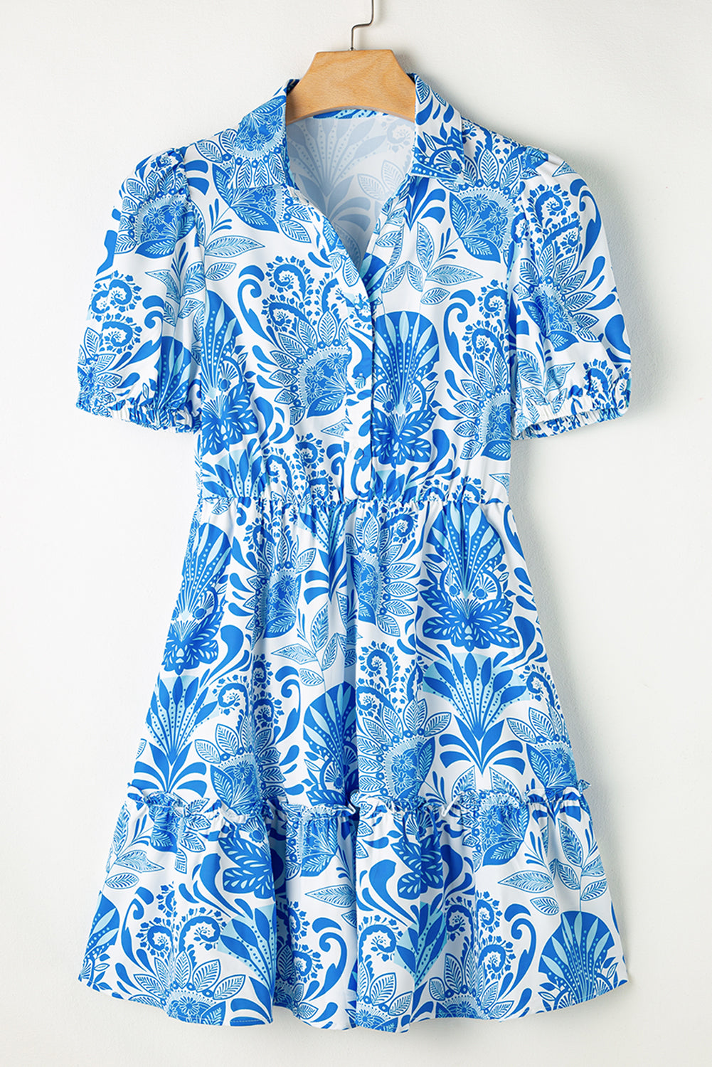 Sky Blue Floral Drawstring Waist Ruffle Mini Dress