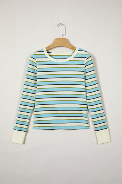 Multicolor Striped Long Sleeve Top – Casual Crew Neck Everyday Shirt