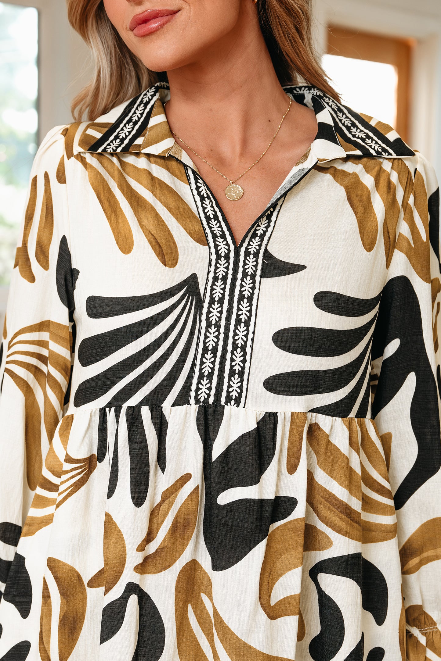 Brown Abstract Leaf Print Long Sleeve Ruffle Maxi Dress
