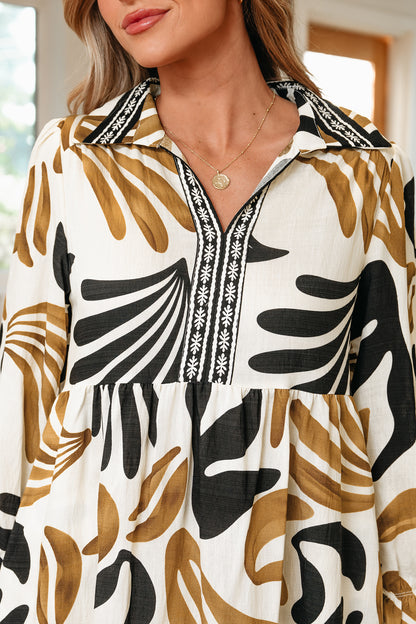 Brown Abstract Leaf Print Long Sleeve Ruffle Maxi Dress