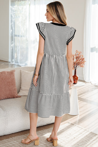 Striped Flutter Sleeve Tiered Midi Dress with Contrast Trim