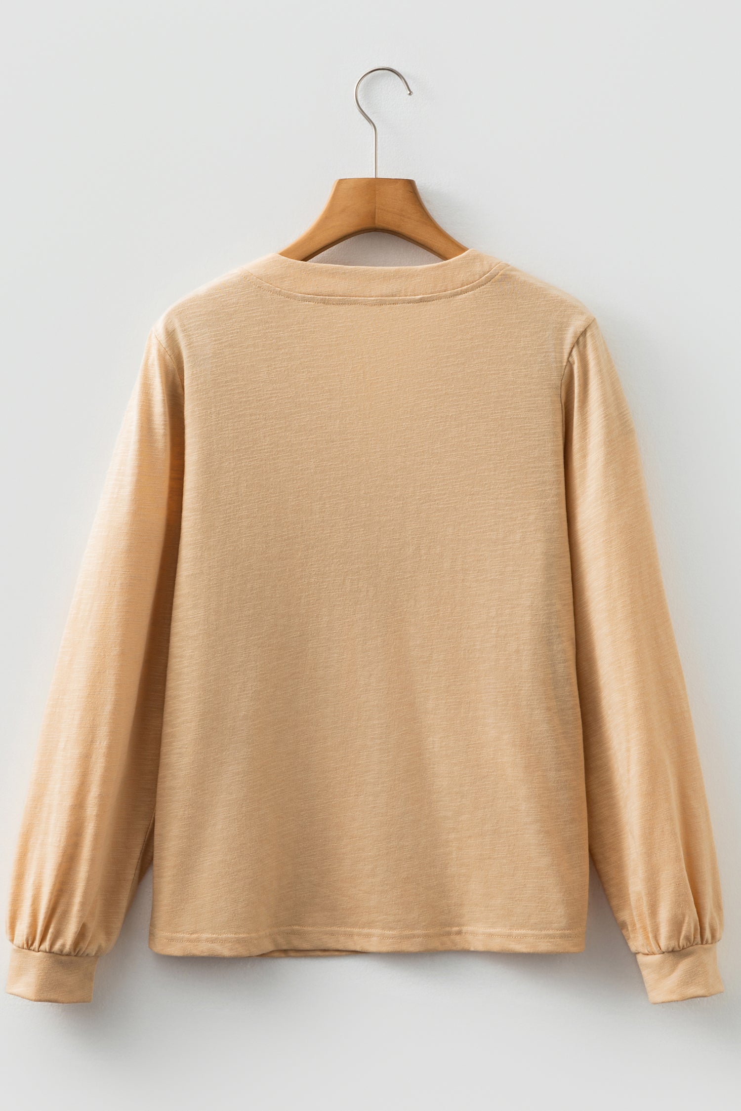 Soft Oatmeal split neck button detail long sleeve top with gathered cuff sleeves