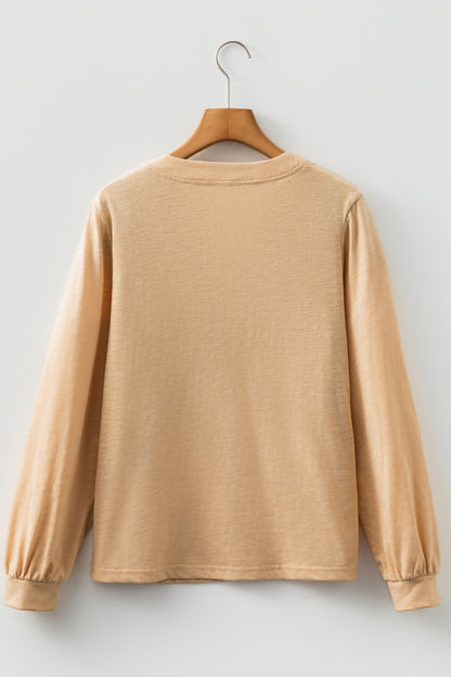 Soft Oatmeal split neck button detail long sleeve top with gathered cuff sleeves