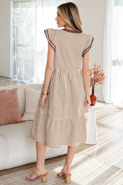 Striped Flutter Sleeve Tiered Midi Dress with Contrast Trim