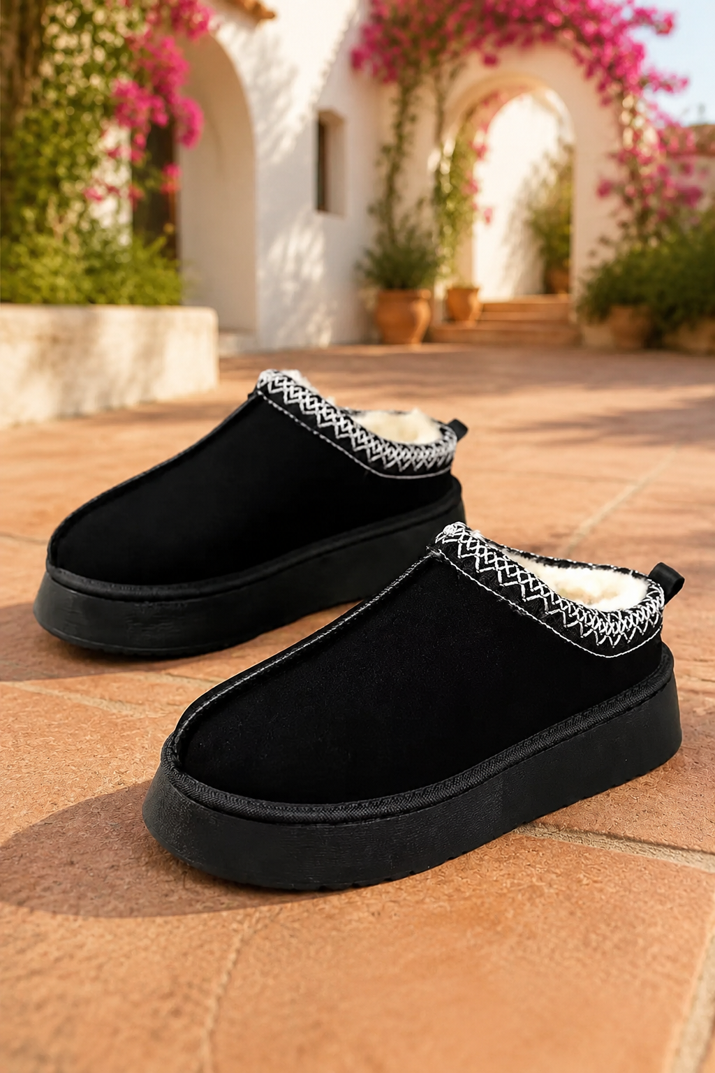 Black faux-suede platform slippers with cream plush lining, round toes, and contrasting white stitched collar trim