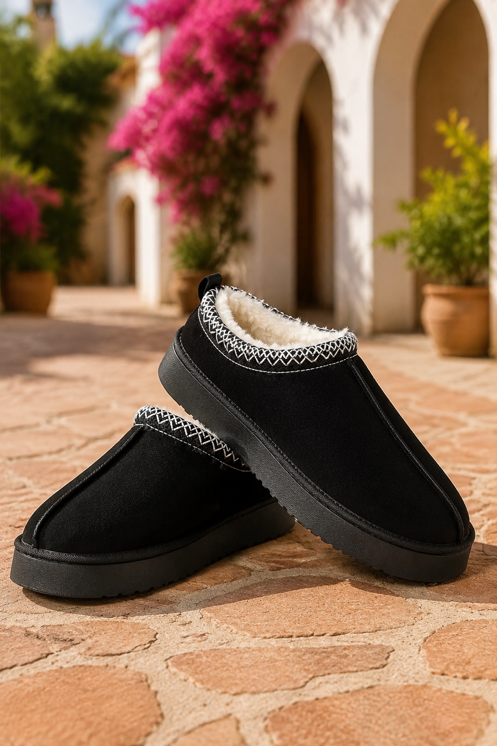 Black faux-suede platform slippers with cream plush lining, round toes, and contrasting white stitched collar trim