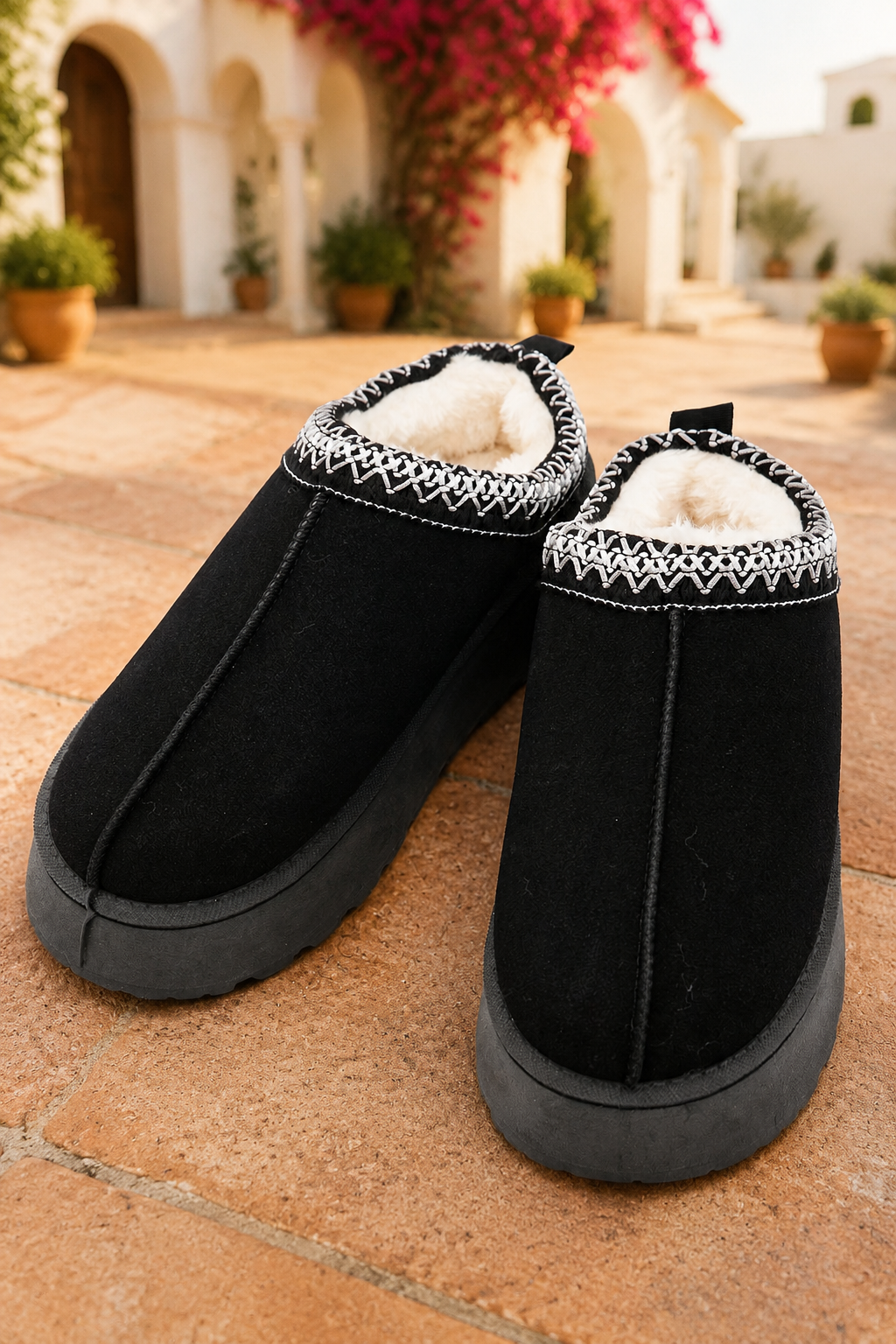 Black faux-suede platform slippers with cream plush lining, round toes, and contrasting white stitched collar trim