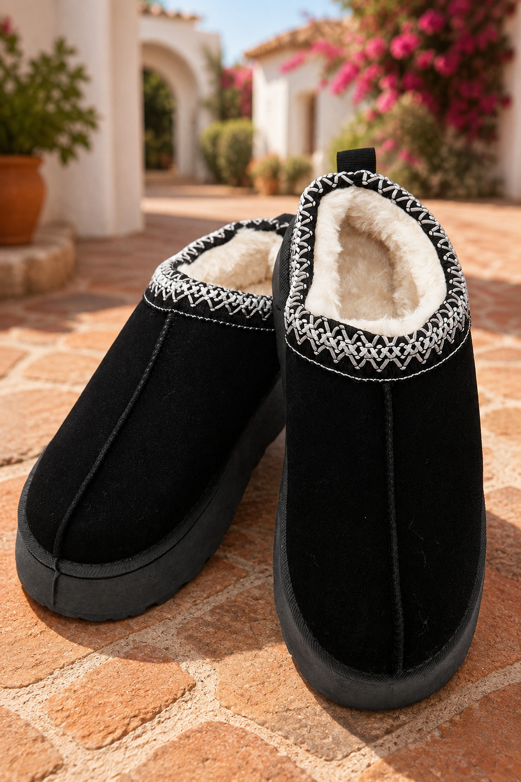 Black faux-suede platform slippers with cream plush lining, round toes, and contrasting white stitched collar trim