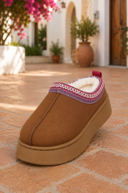 Chestnut brown faux-suede platform slippers with cream plush lining, round toes, and decorative stitched collar trim