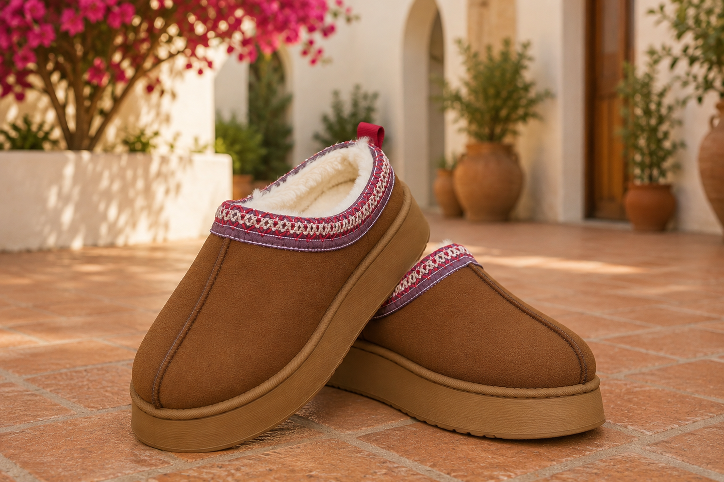 Chestnut brown faux-suede platform slippers with cream plush lining, round toes, and decorative stitched collar trim