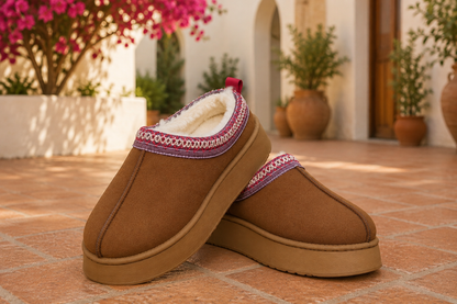 Chestnut brown faux-suede platform slippers with cream plush lining, round toes, and decorative stitched collar trim