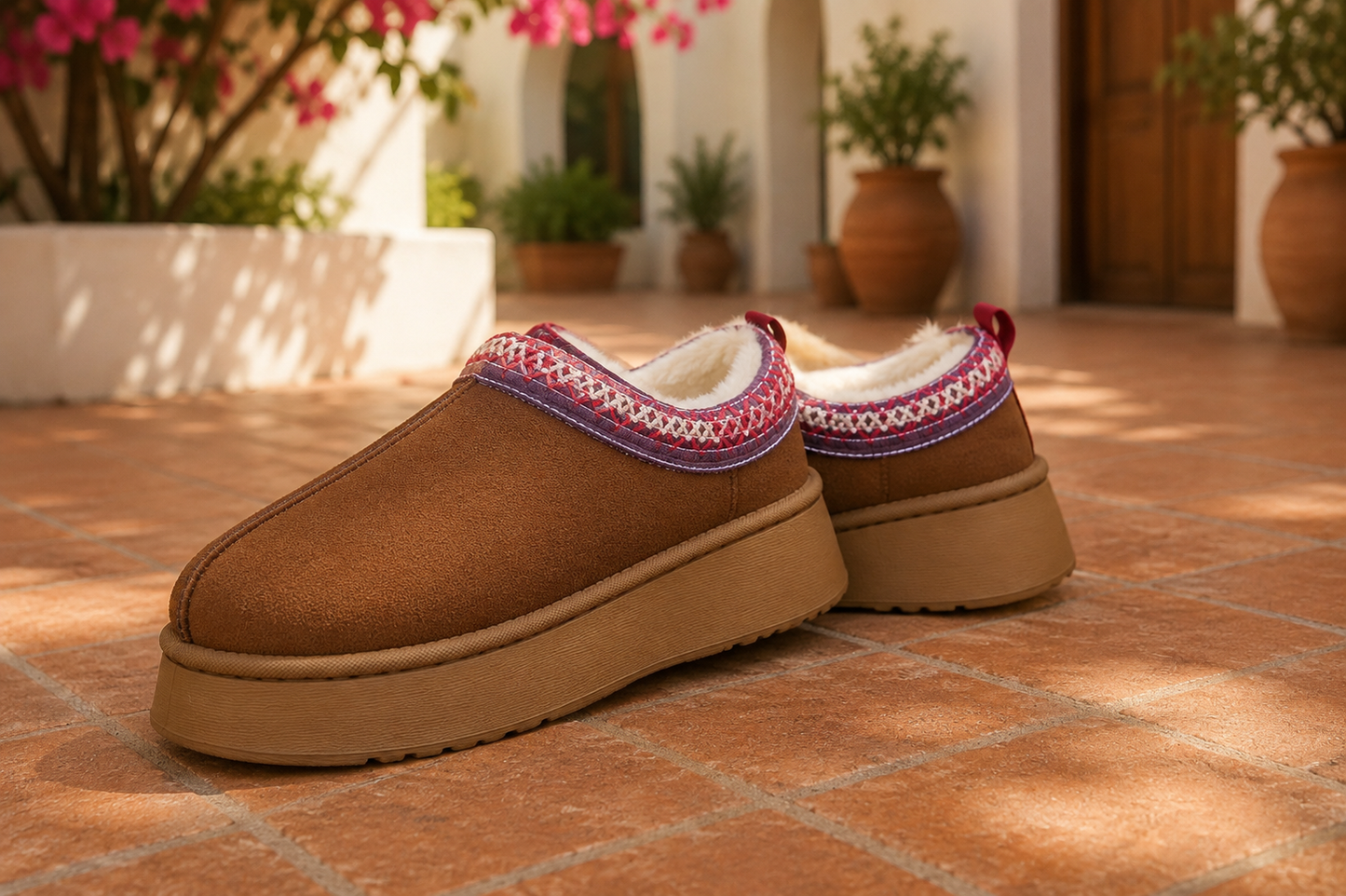 Chestnut brown faux-suede platform slippers with cream plush lining, round toes, and decorative stitched collar trim