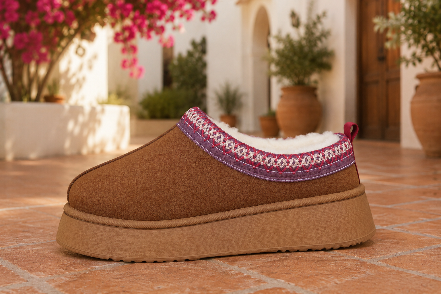 Chestnut brown faux-suede platform slippers with cream plush lining, round toes, and decorative stitched collar trim