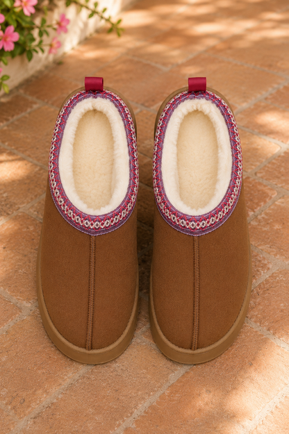 Chestnut brown faux-suede platform slippers with cream plush lining, round toes, and decorative stitched collar trim