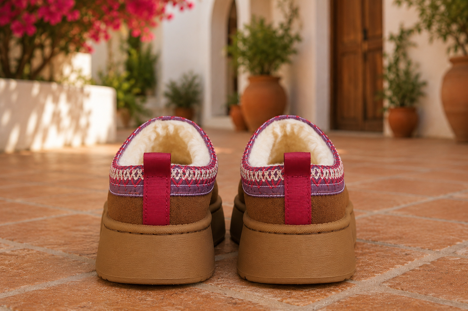 Chestnut brown faux-suede platform slippers with cream plush lining, round toes, and decorative stitched collar trim