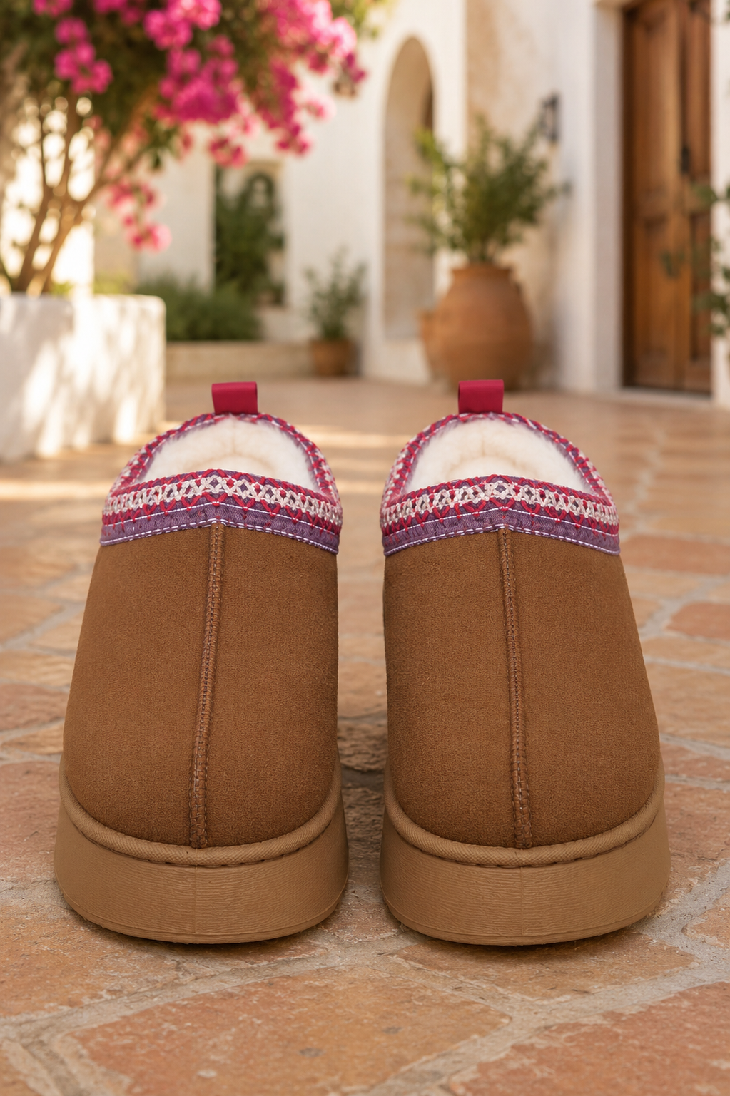 Chestnut brown faux-suede platform slippers with cream plush lining, round toes, and decorative stitched collar trim