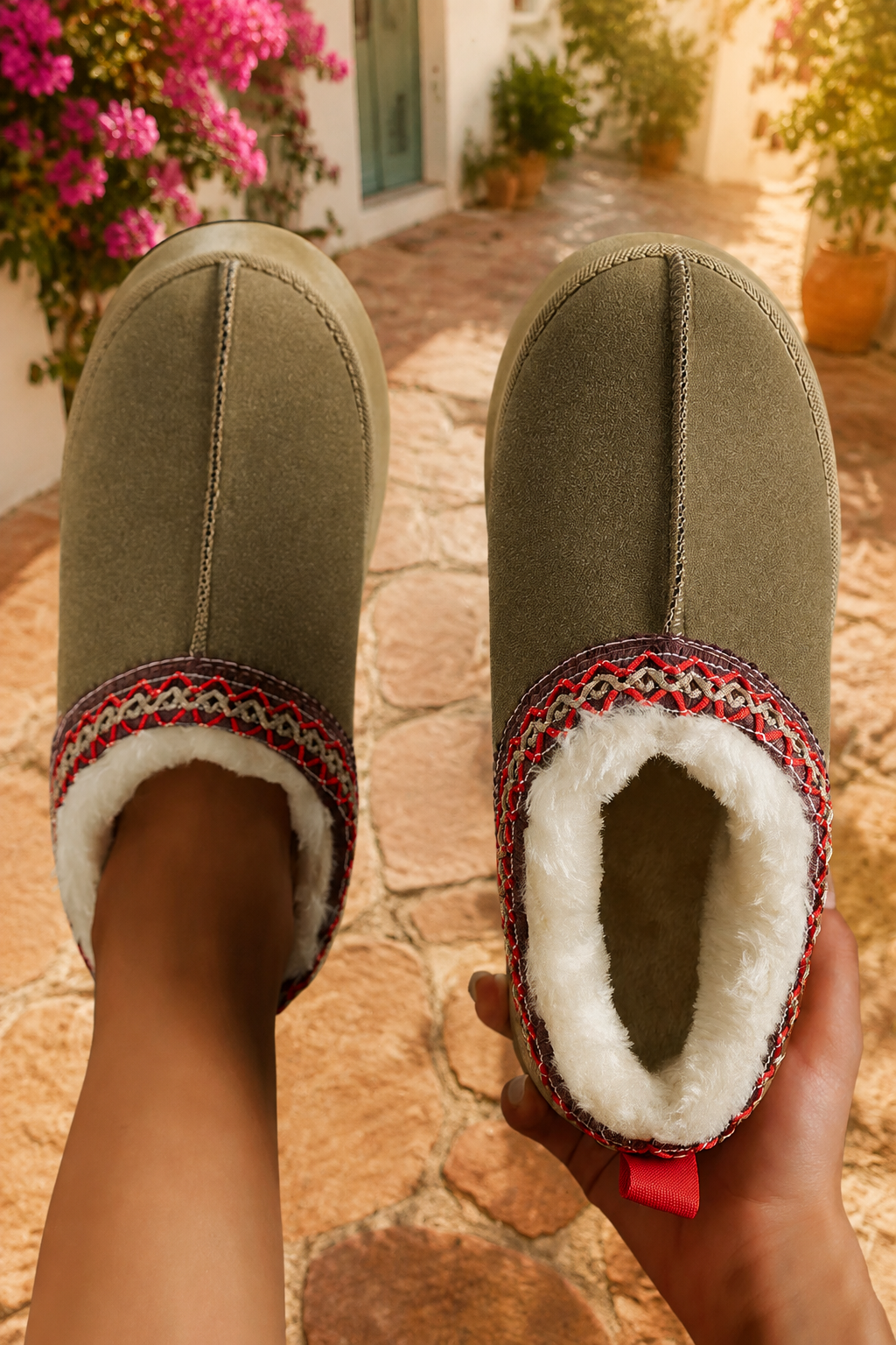 Olive green faux-suede platform slippers with plush lining, round toes, and decorative red stitched collar trim