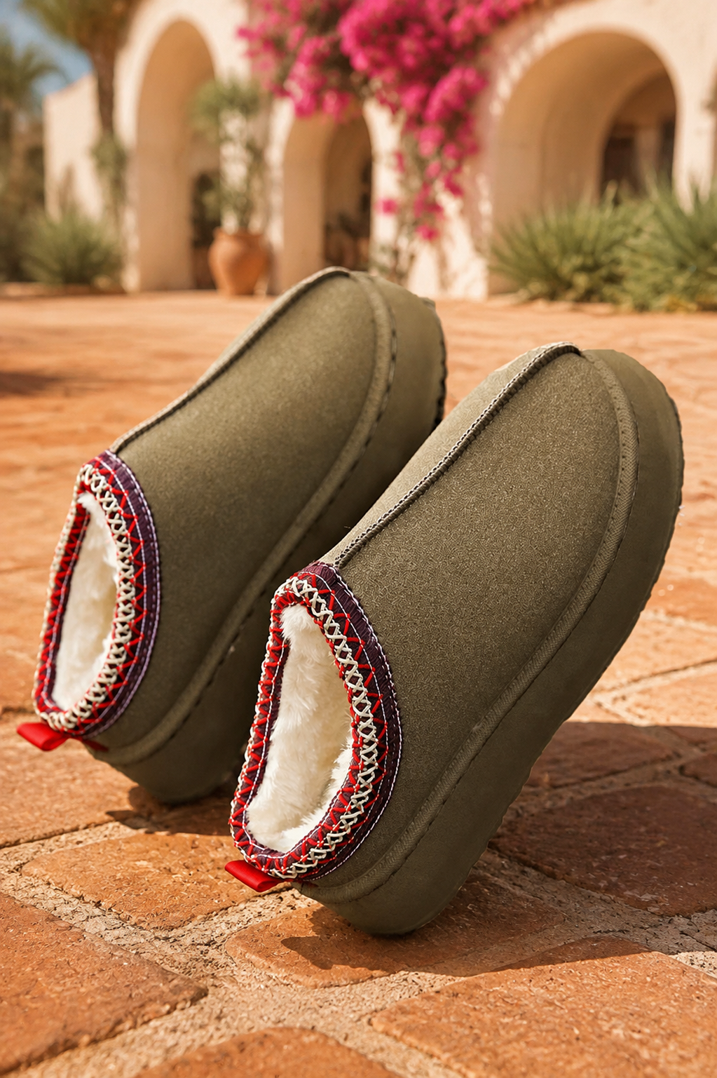 Olive green faux-suede platform slippers with plush lining, round toes, and decorative red stitched collar trim