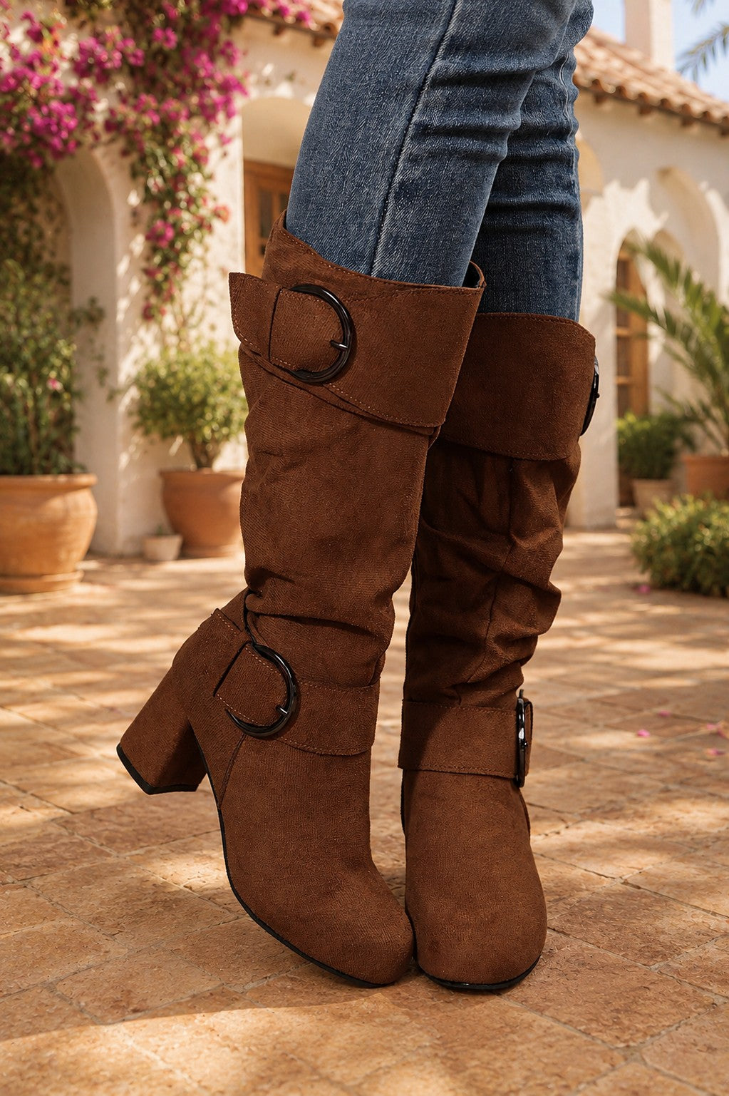 Cognac Brown Ruched Mid-Calf Boots – Double Buckle Block Heel