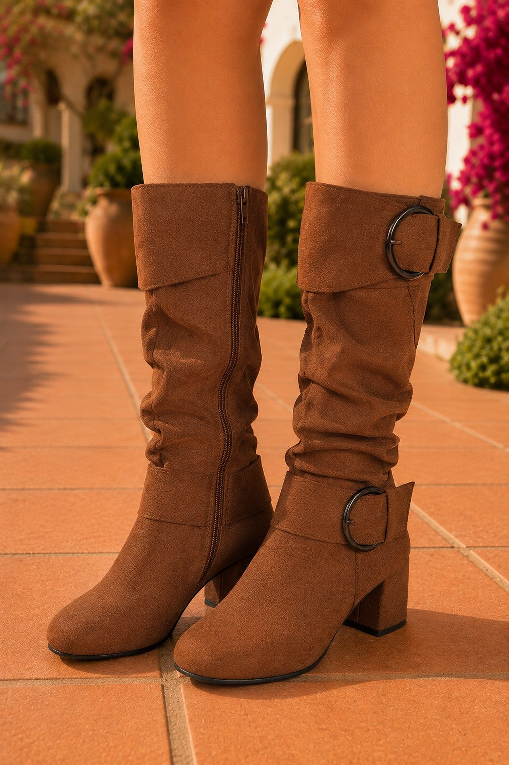 Cognac Brown Ruched Mid-Calf Boots – Double Buckle Block Heel