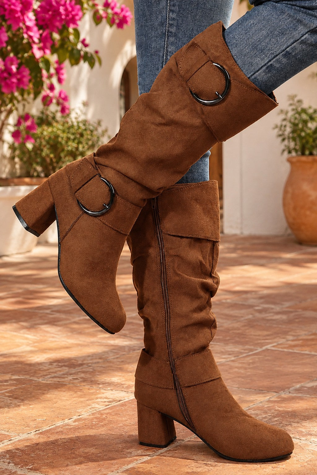 Cognac Brown Ruched Mid-Calf Boots – Double Buckle Block Heel