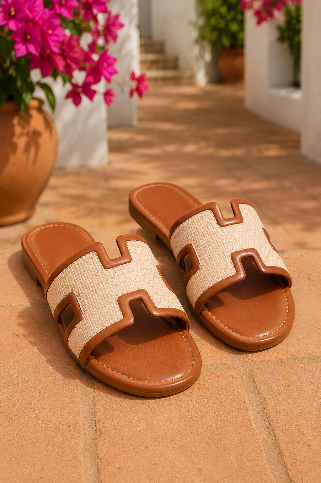 Women's Chestnut woven H-cut flat slide sandals with raffia-inspired texture, faux leather trim, open toe, and comfortable slip-on design.
