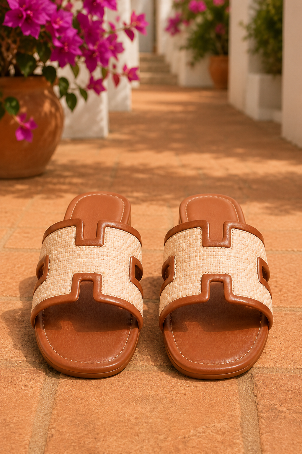 Women's Chestnut woven H-cut flat slide sandals with raffia-inspired texture, faux leather trim, open toe, and comfortable slip-on design.