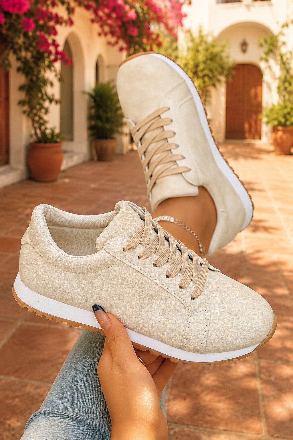 Beige Faux Suede Lace-Up Sneakers – Retro Casual Everyday Shoes