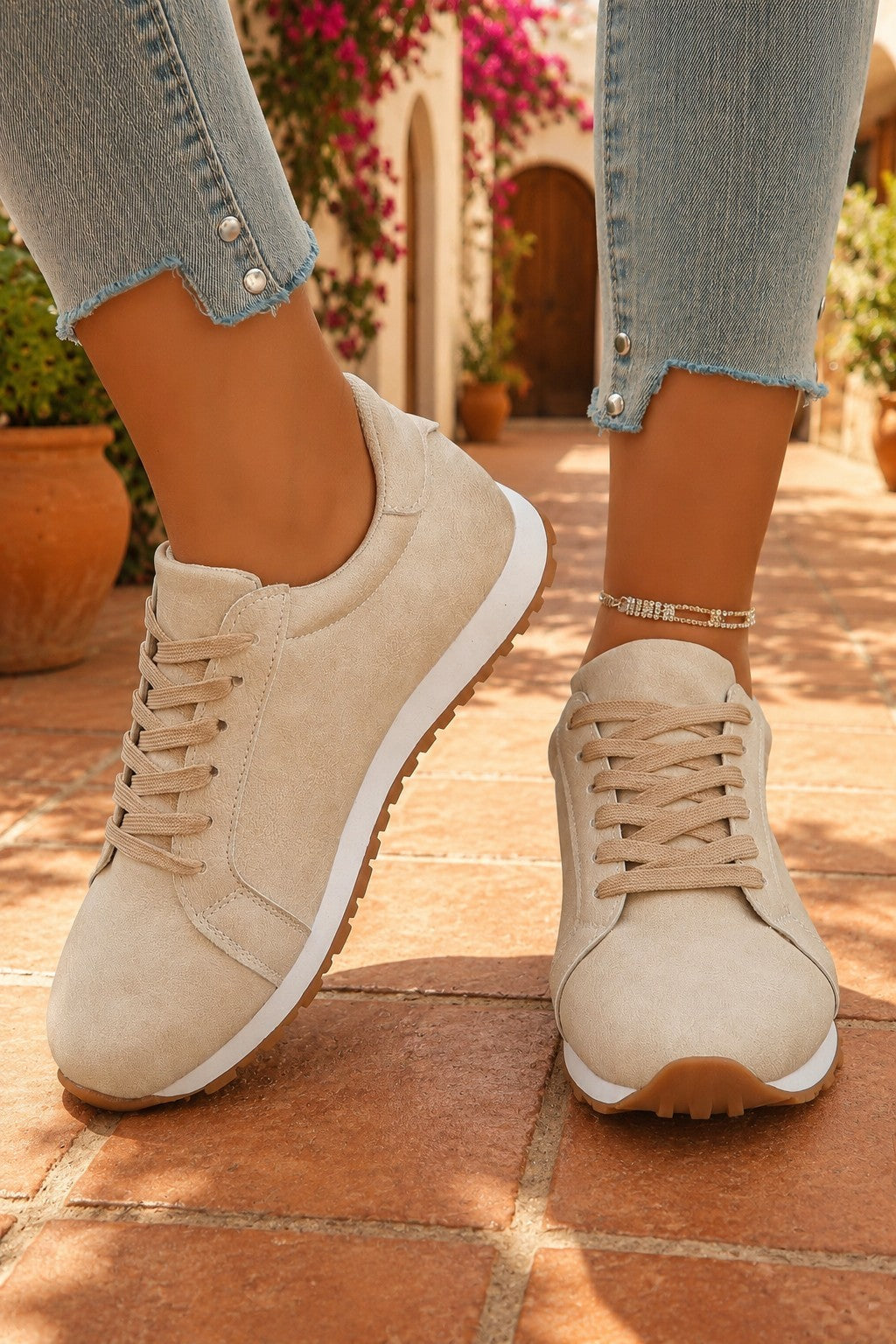 Beige Faux Suede Lace-Up Sneakers – Retro Casual Everyday Shoes
