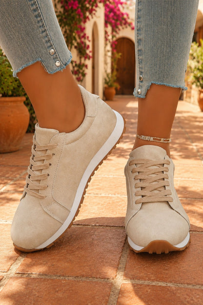 Beige Faux Suede Lace-Up Sneakers – Retro Casual Everyday Shoes