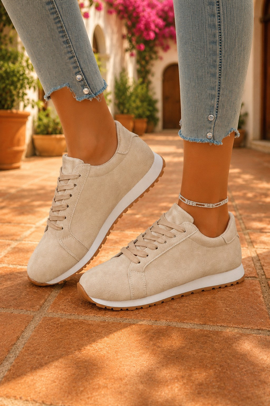 Beige Faux Suede Lace-Up Sneakers – Retro Casual Everyday Shoes
