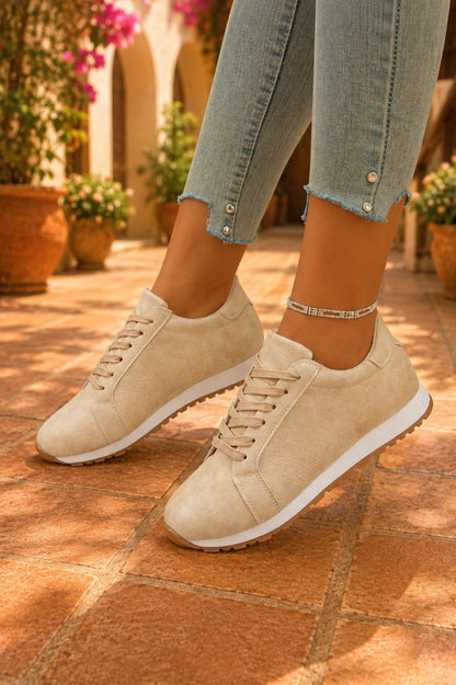 Beige Faux Suede Lace-Up Sneakers – Retro Casual Everyday Shoes