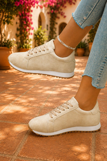Beige Faux Suede Lace-Up Sneakers – Retro Casual Everyday Shoes