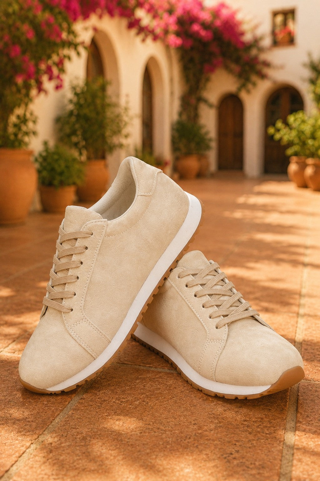 Beige Faux Suede Lace-Up Sneakers – Retro Casual Everyday Shoes