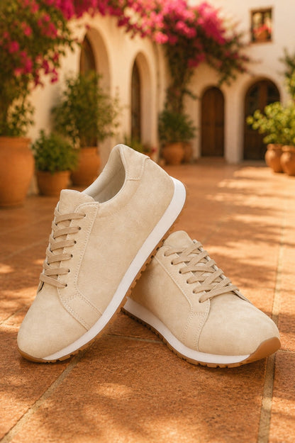 Beige Faux Suede Lace-Up Sneakers – Retro Casual Everyday Shoes