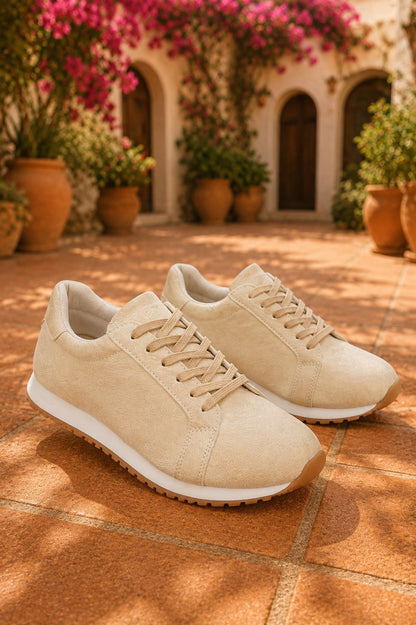 Beige Faux Suede Lace-Up Sneakers – Retro Casual Everyday Shoes