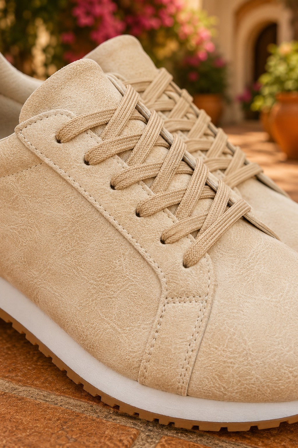 Beige Faux Suede Lace-Up Sneakers – Retro Casual Everyday Shoes