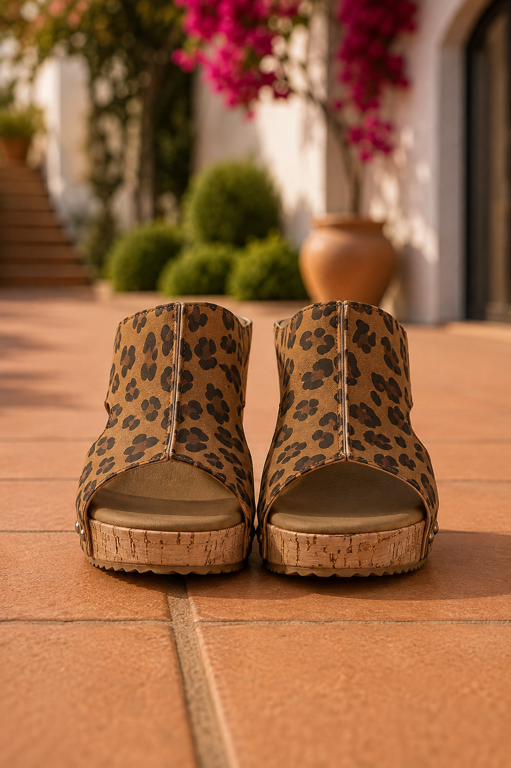 Women's chestnut leopard print faux suede cork platform wedge slide sandals with open toe and side cutout details.