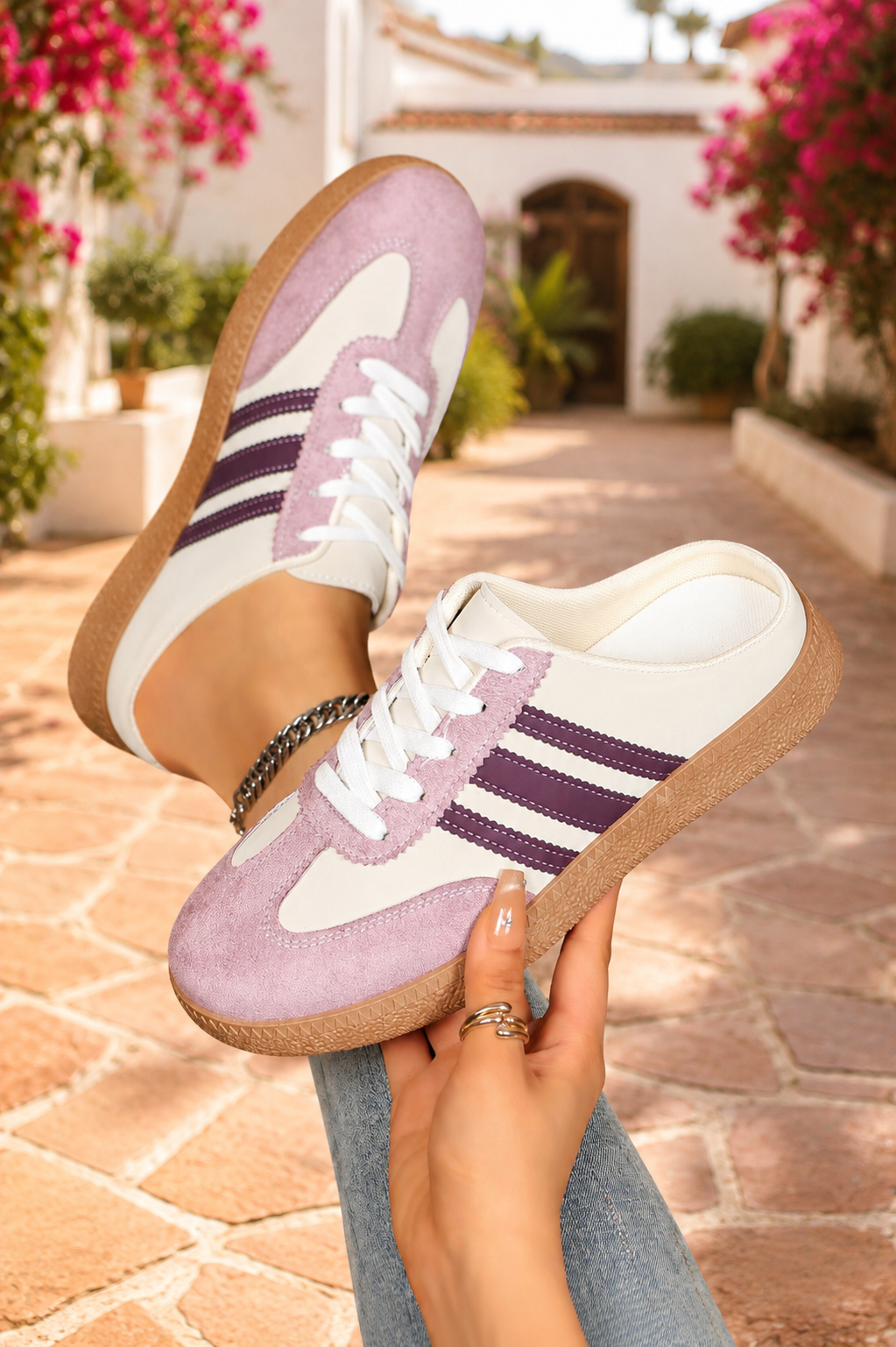 Women's Blush Bloom retro lace-up casual sneakers featuring a cream faux leather upper, blush pink suede-look overlays, deep plum side stripes, white laces, and a gum rubber sole.