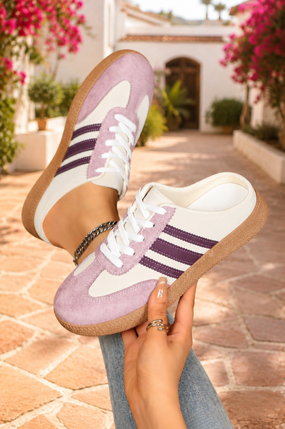 Women's Blush Bloom retro lace-up casual sneakers featuring a cream faux leather upper, blush pink suede-look overlays, deep plum side stripes, white laces, and a gum rubber sole.