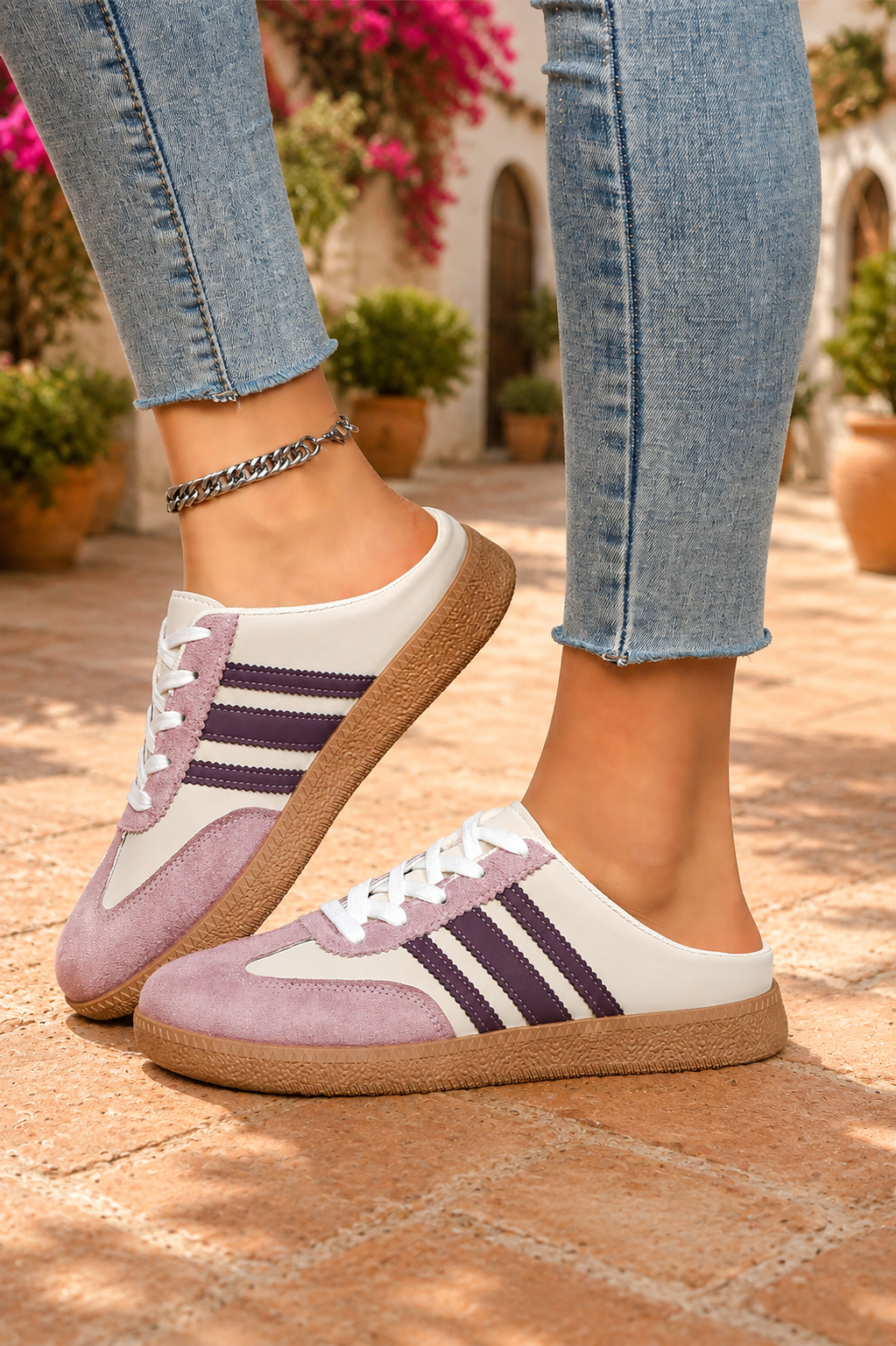 Women's Blush Bloom retro lace-up casual sneakers featuring a cream faux leather upper, blush pink suede-look overlays, deep plum side stripes, white laces, and a gum rubber sole.