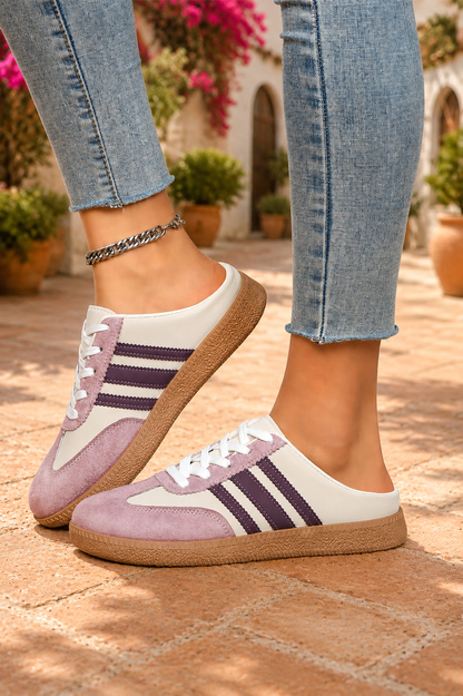 Women's Blush Bloom retro lace-up casual sneakers featuring a cream faux leather upper, blush pink suede-look overlays, deep plum side stripes, white laces, and a gum rubber sole.
