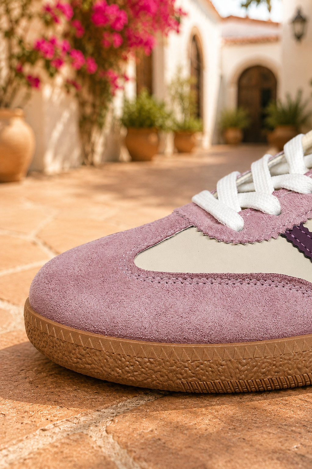 Women's Blush Bloom retro lace-up casual sneakers featuring a cream faux leather upper, blush pink suede-look overlays, deep plum side stripes, white laces, and a gum rubber sole.