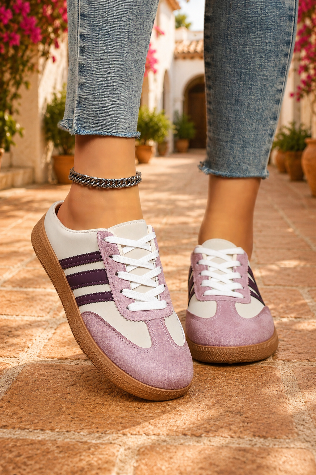 Women's Blush Bloom retro lace-up casual sneakers featuring a cream faux leather upper, blush pink suede-look overlays, deep plum side stripes, white laces, and a gum rubber sole.