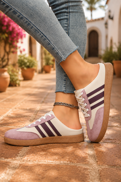 Women's Blush Bloom retro lace-up casual sneakers featuring a cream faux leather upper, blush pink suede-look overlays, deep plum side stripes, white laces, and a gum rubber sole.