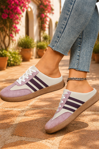 Women's Blush Bloom retro lace-up casual sneakers featuring a cream faux leather upper, blush pink suede-look overlays, deep plum side stripes, white laces, and a gum rubber sole.