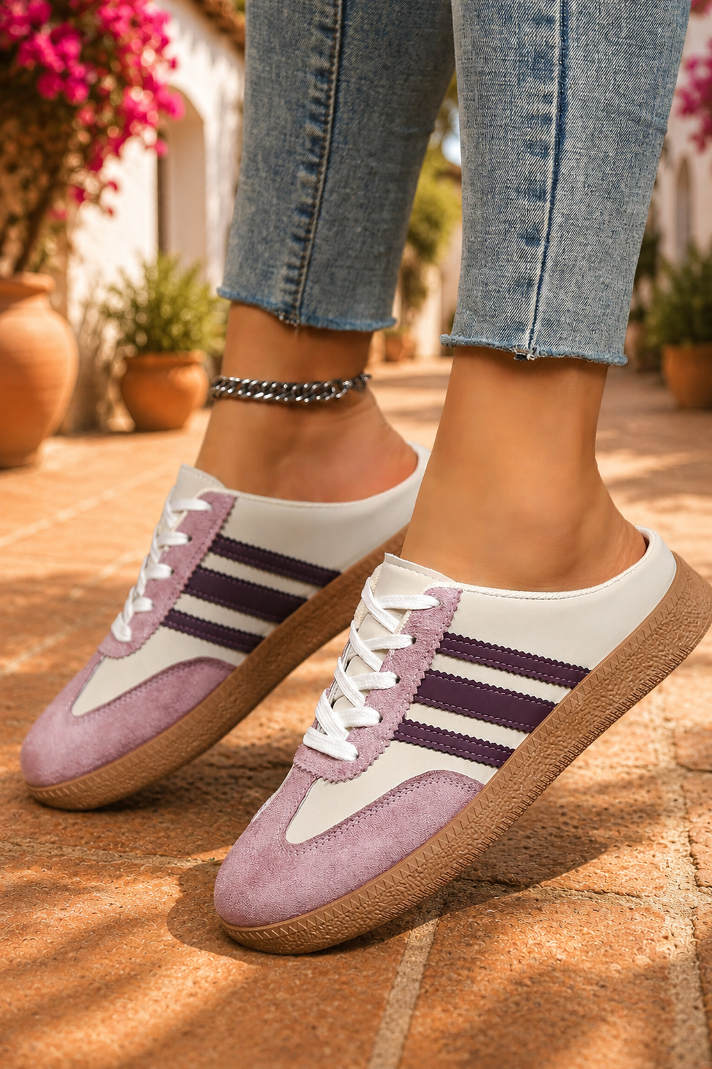 Women's Blush Bloom retro lace-up casual sneakers featuring a cream faux leather upper, blush pink suede-look overlays, deep plum side stripes, white laces, and a gum rubber sole.
