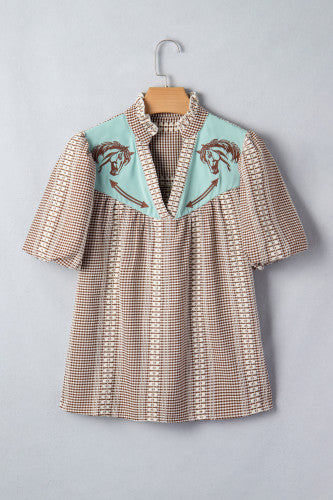 Western Yoke Puff Sleeve Blouse – Printed V-Neck Everyday Top
