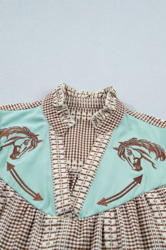 Western Yoke Puff Sleeve Blouse – Printed V-Neck Everyday Top