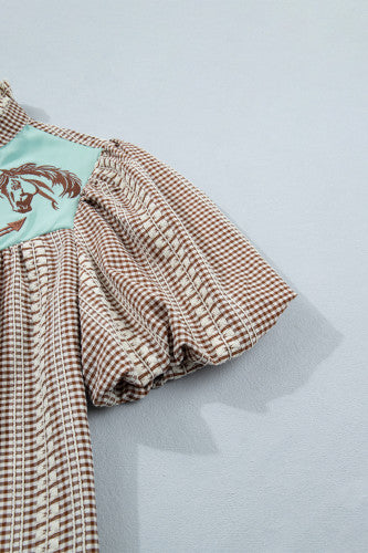 Western Yoke Puff Sleeve Blouse – Printed V-Neck Everyday Top